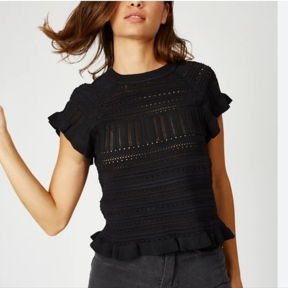 ZARA BLACK CROCHET KNIT FLUTTER SLEEVE BLOUSE, SZ SMALL - Picture 2 of 10